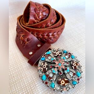 Vintage 100% Leather Statement Buckle Silver Rhinestone Boho Western 90s